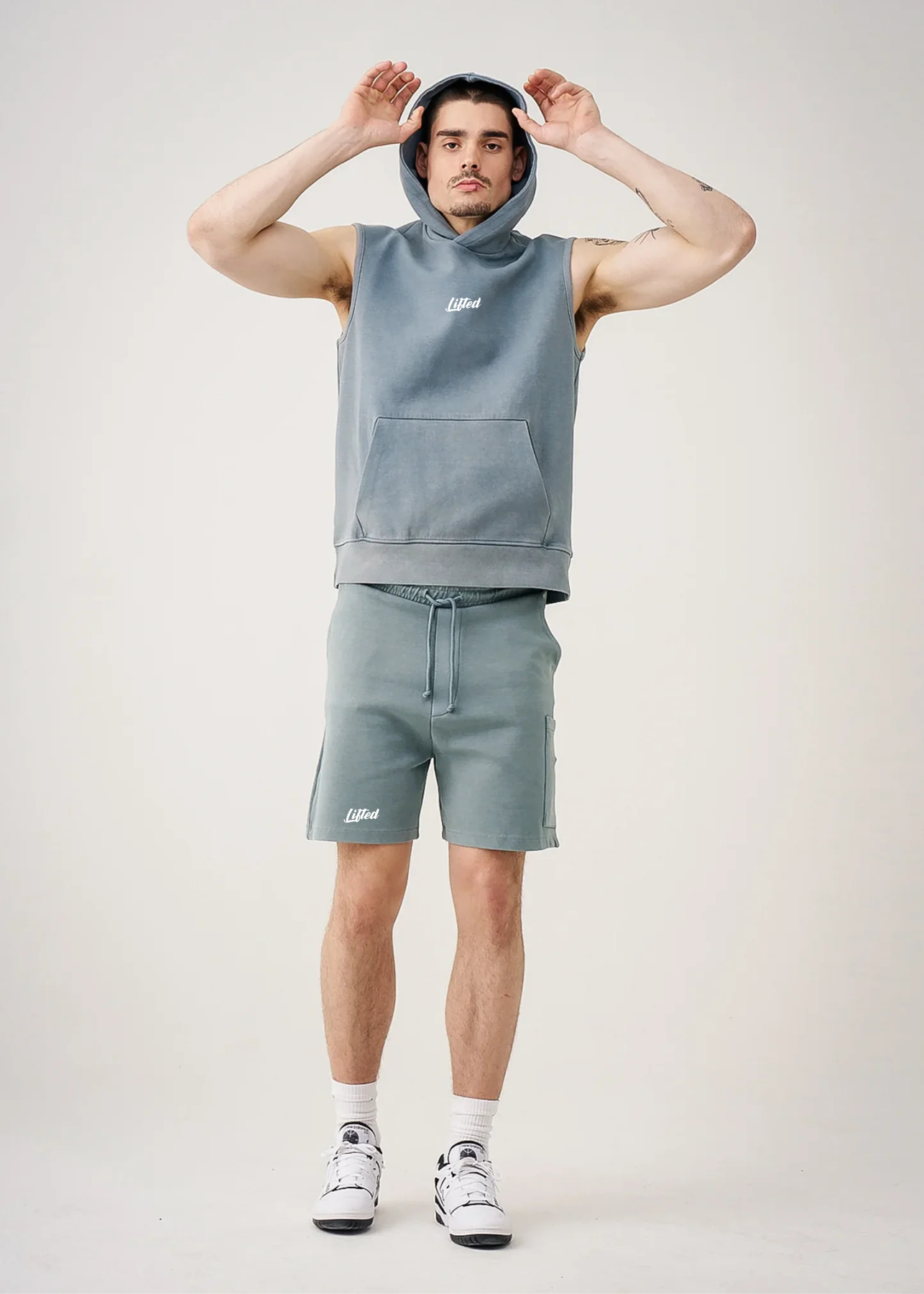 Sage 14 Ouce Sleeveless Garment Dye Interlock Hooded short set